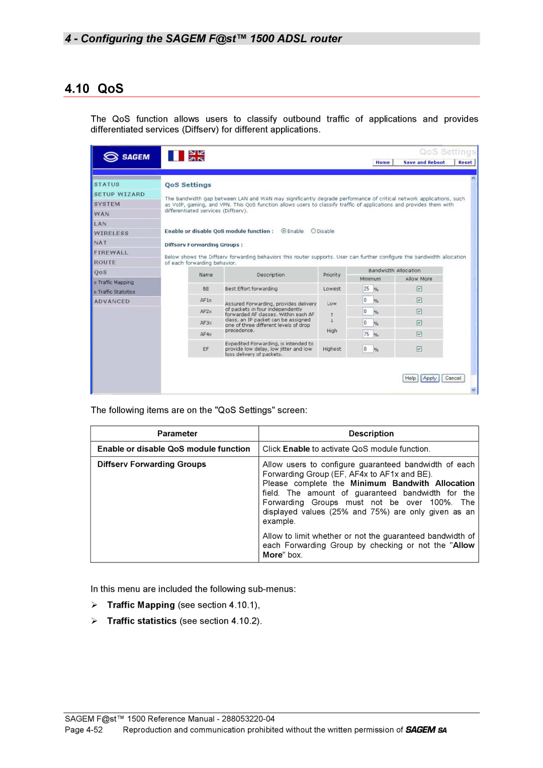 Sagem 1500WG manual 10 QoS, Parameter Description Enable or disable QoS module function, Diffserv Forwarding Groups 