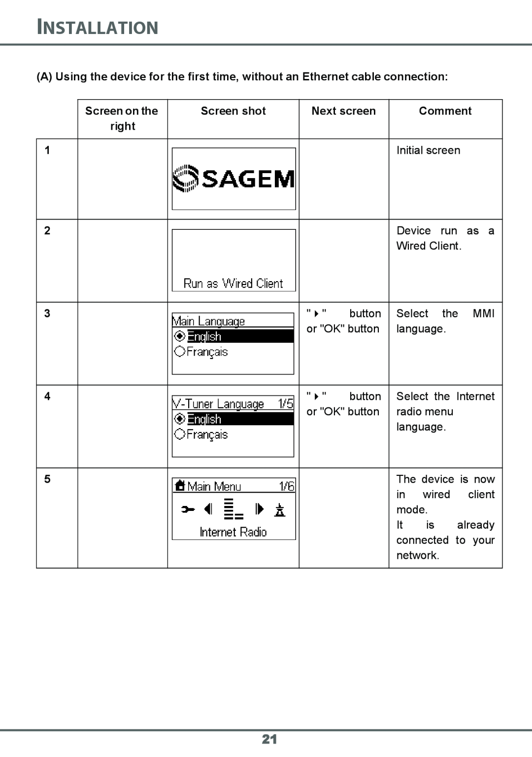 Sagem 700 manual Installation, Initial screen 