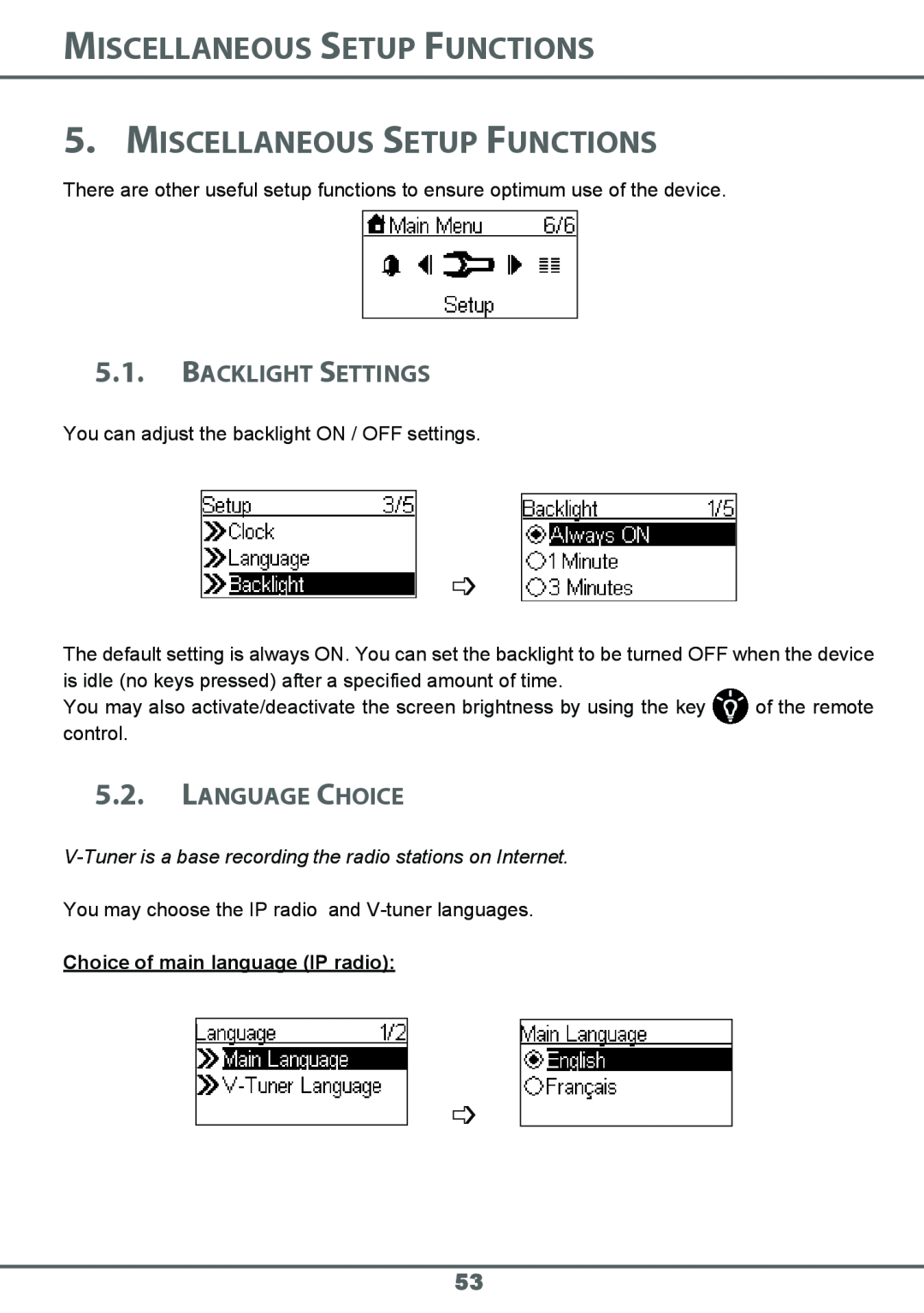 Sagem 700 manual Miscellaneous Setup Functions, Backlight Settings, Language Choice 