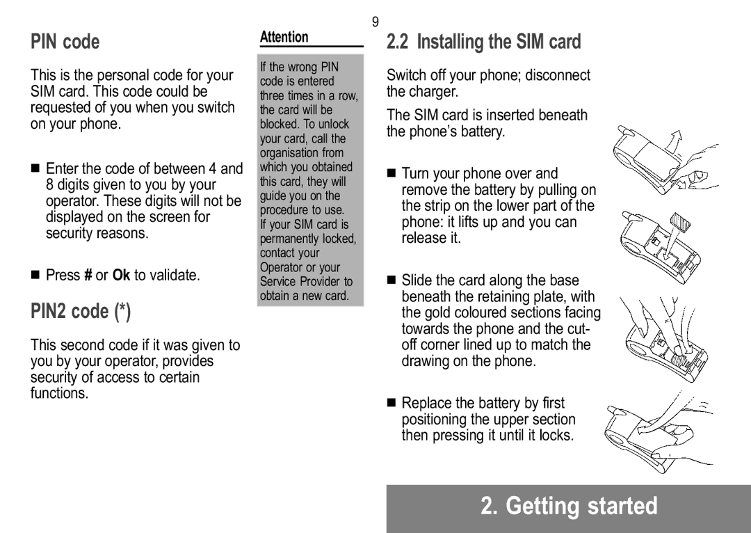 Sagem 920, 929, 926, 922, 912, 910, 916, 919 manual PIN code Installing the SIM card, PIN2 code, Press # or Ok to validate 