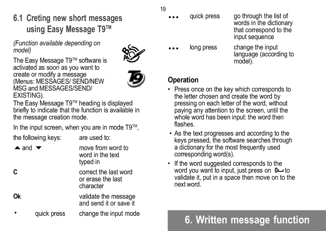 Sagem 912, 929, 926, 920 Function available depending on model, Or erase the last, Character, Quick press, Input sequence 