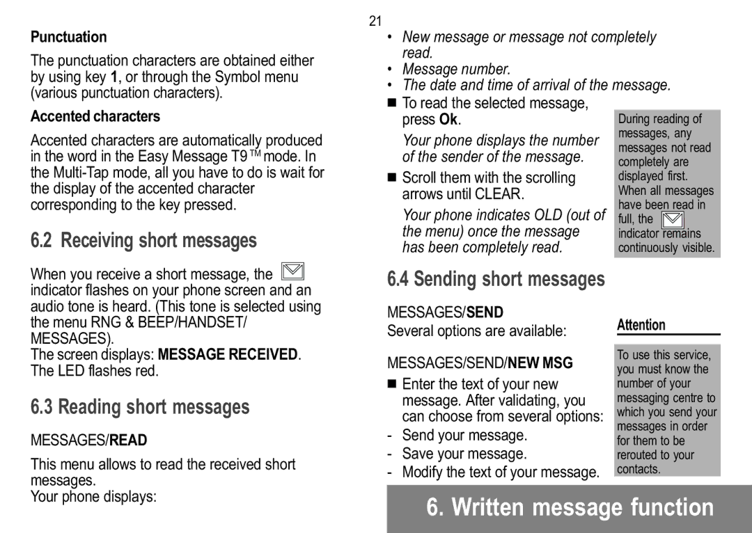 Sagem 916, 929, 926, 920, 922, 912 Receiving short messages, Reading short messages, Messages/Read, Messages/Send/New Msg 