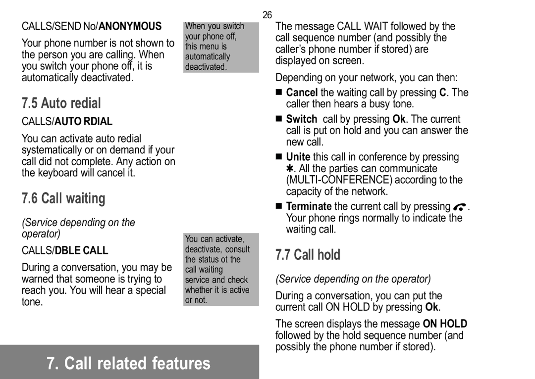 Sagem 922, 929, 926, 920, 912, 910, 916, 919 manual Auto redial, Call waiting, Call hold, CALLS/AUTO Rdial, CALLS/DBLE Call 