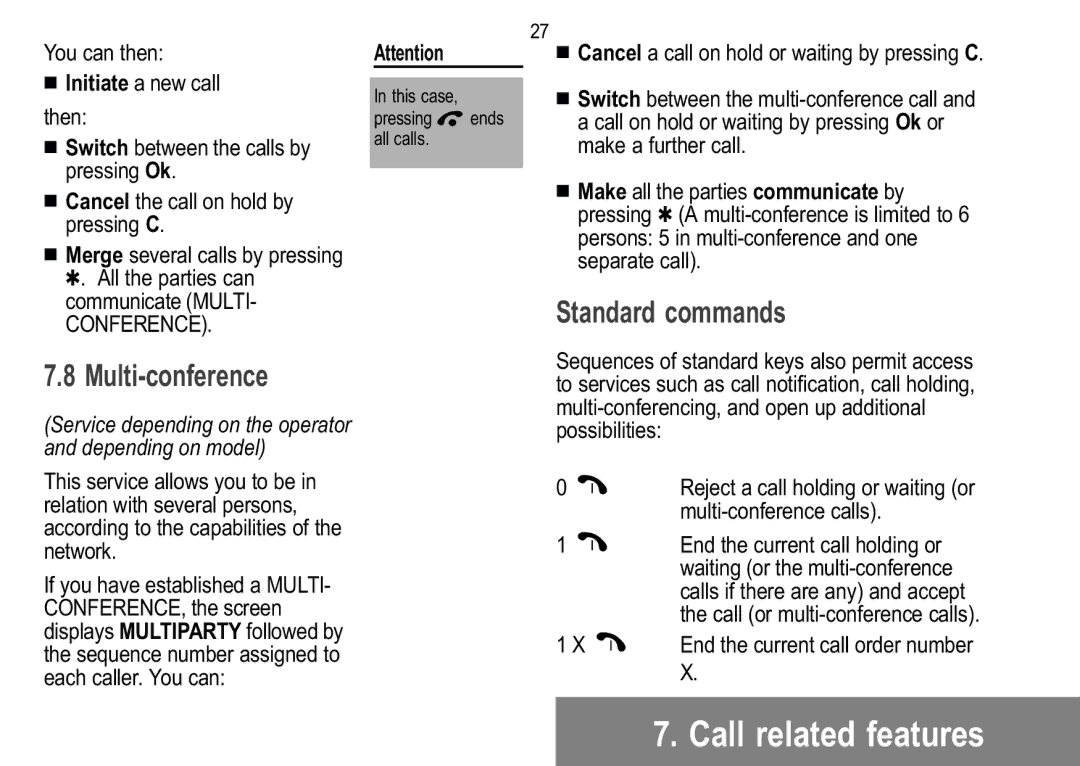 Sagem 912, 929, 926, 920, 922, 910, 916, 919 manual Standard commands, Conference, Multi-conference calls 