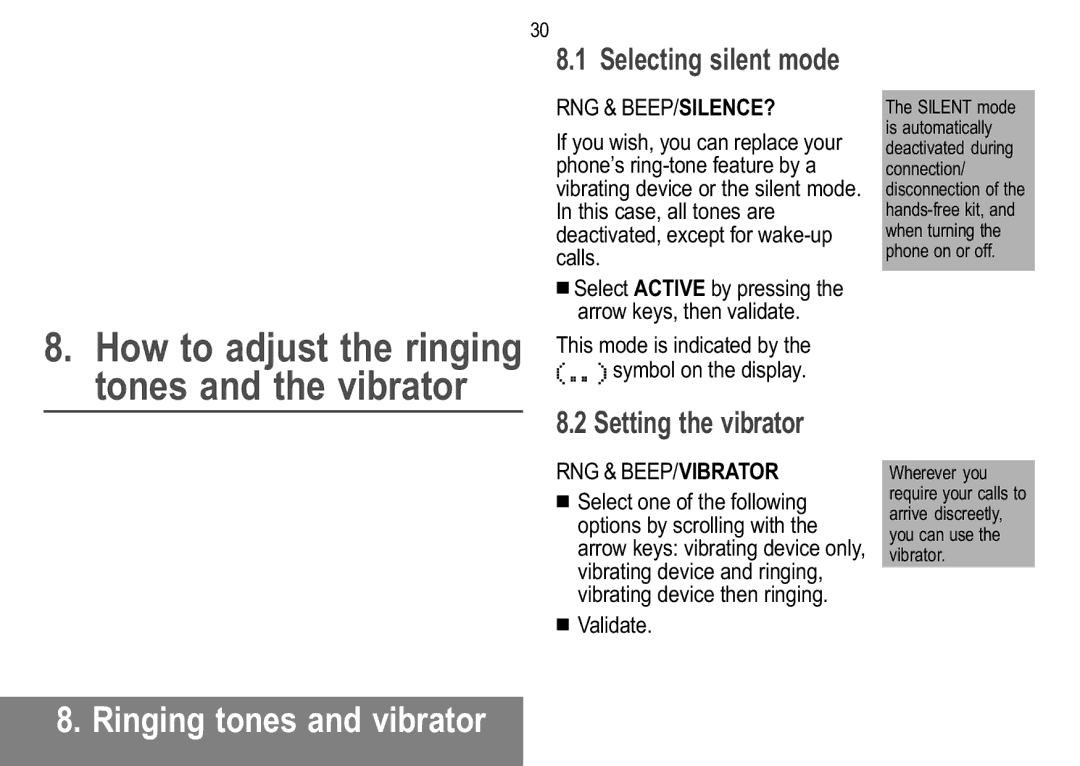 Sagem 919, 929, 926, 920, 922 Ringing tones and vibrator, Selecting silent mode, Setting the vibrator, Rng & Beep/Silence? 