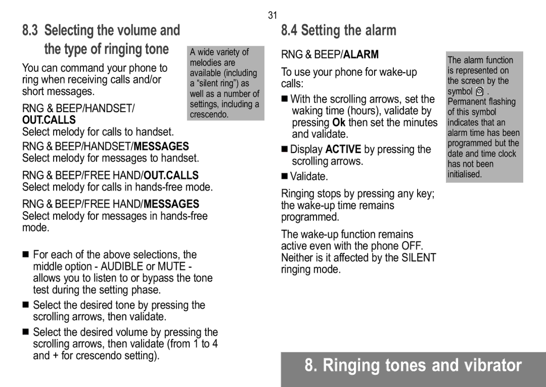 Sagem 929 Setting the alarm, Rng & Beep/Alarm, To use your phone for wake-up calls, Select melody for calls to handset 