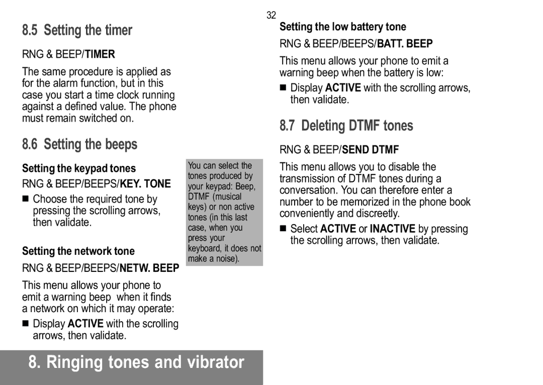 Sagem 926, 929, 920, 922, 912, 910, 916, 919 manual Setting the timer, Setting the beeps, Deleting Dtmf tones 