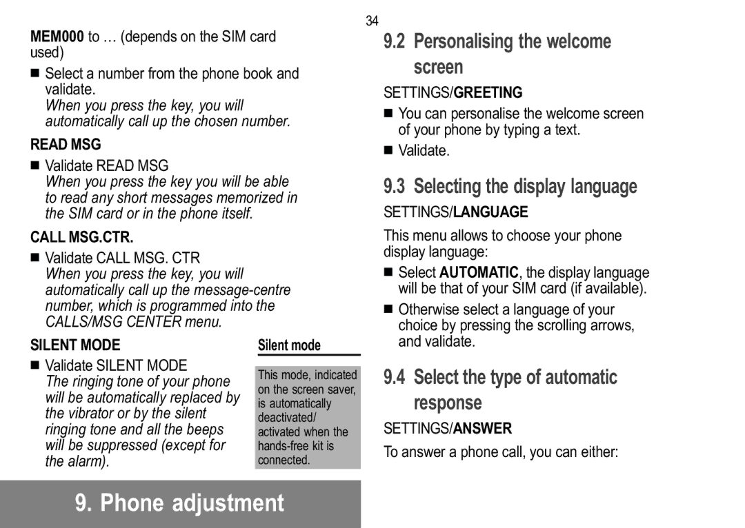 Sagem 922, 929, 926 Personalising the welcome screen, Selecting the display language, Select the type of automatic response 