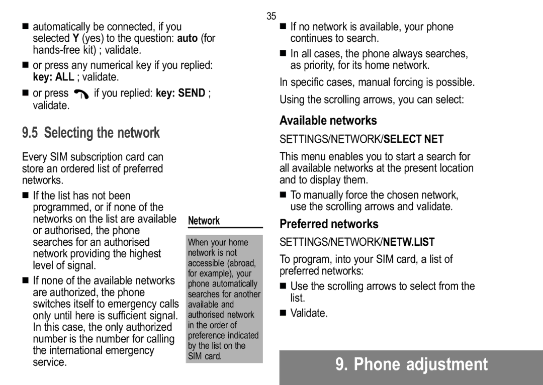 Sagem 912, 929, 926, 920, 922, 910, 916, 919 manual Settings/Network/Select Net, Settings/Network/Netw.List 