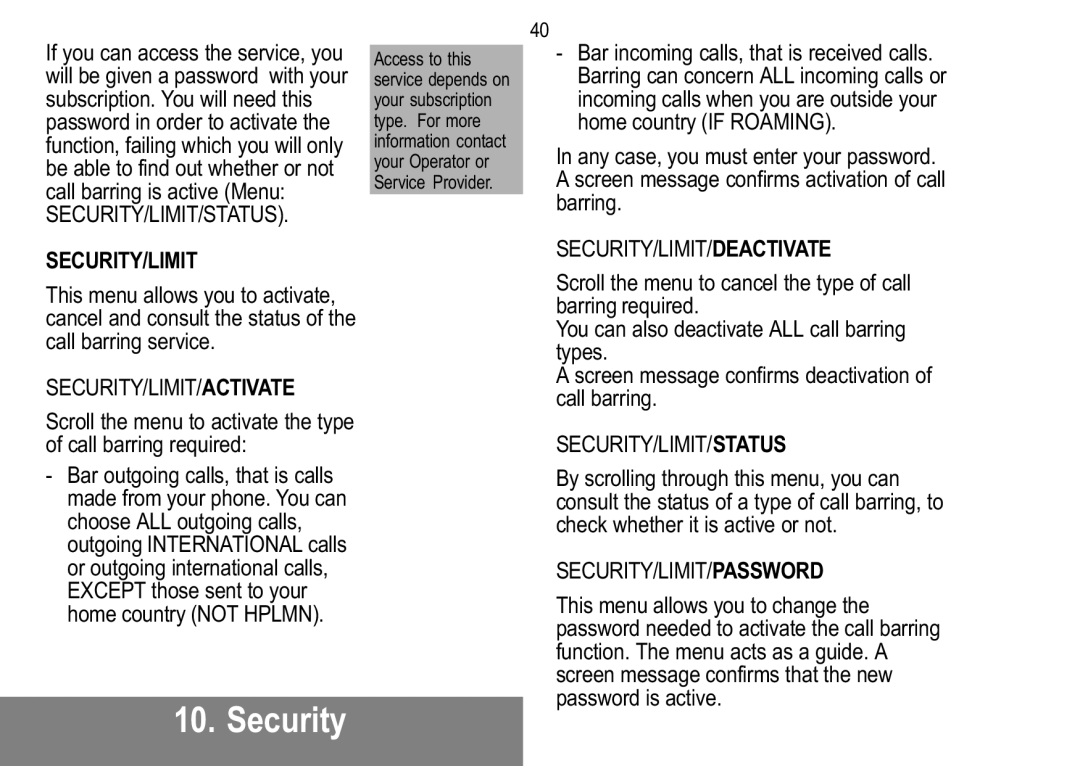 Sagem 926, 929, 920, 922 Security/Limit/Status, Security/Limit/Activate, Security/Limit/Deactivate, Security/Limit/Password 