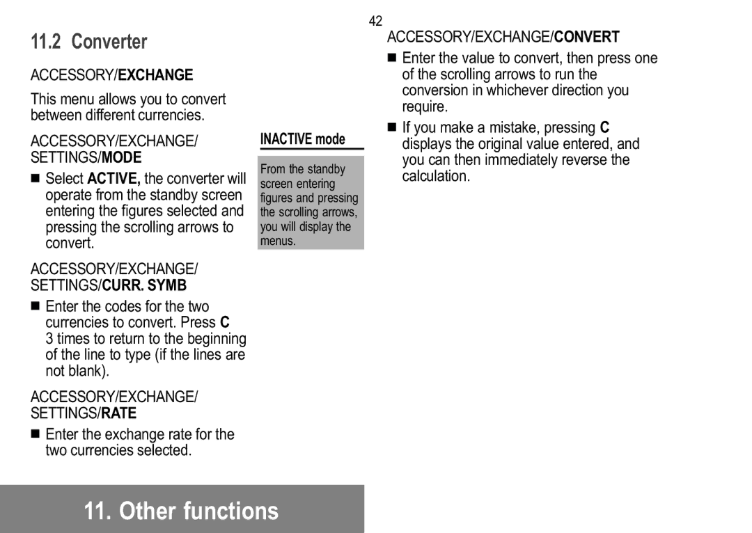 Sagem 922, 929, 926, 920, 912, 910, 916, 919 Converter, ACCESSORY/EXCHANGE SETTINGS/CURR. Symb, Accessory/Exchange/Convert 