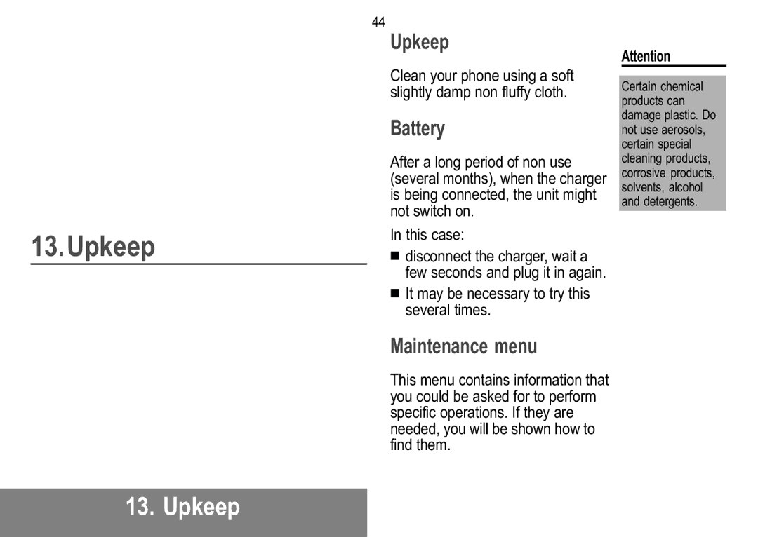 Sagem 910, 929, 926, 920, 922, 912, 916, 919 manual Upkeep, Battery, Maintenance menu 