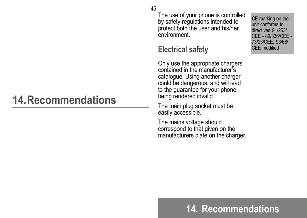 Sagem 916, 929, 926, 920 Recommendations, Electrical safety, Being rendered invalid, Easily accessible, Mains voltage should 