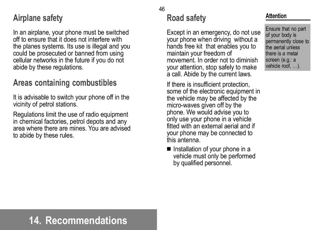 Sagem 919, 929, 926, 920, 922, 912, 910, 916 manual Airplane safety Road safety, Areas containing combustibles 