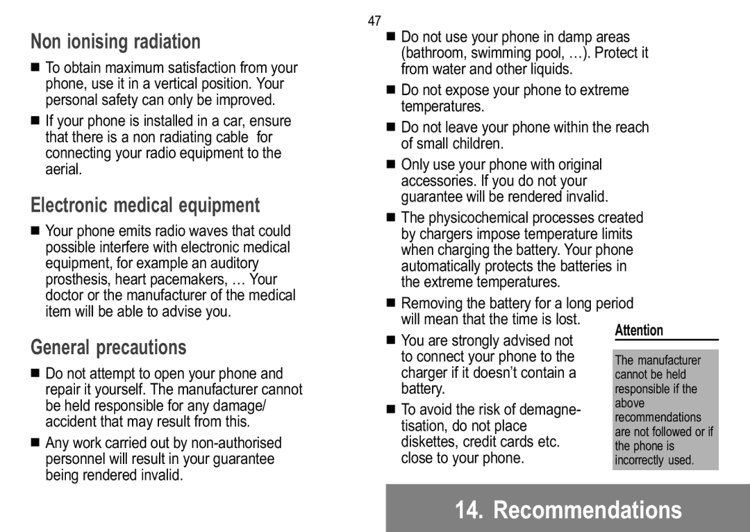 Sagem 929, 926, 920, 922, 912, 910, 916, 919 manual Non ionising radiation, Electronic medical equipment, General precautions 