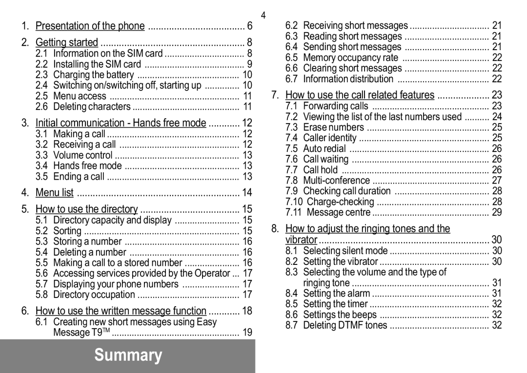 Sagem 910, 929, 926, 920, 922, 912, 916, 919 manual Summary, How to adjust the ringing tones, Selecting the volume and the type 