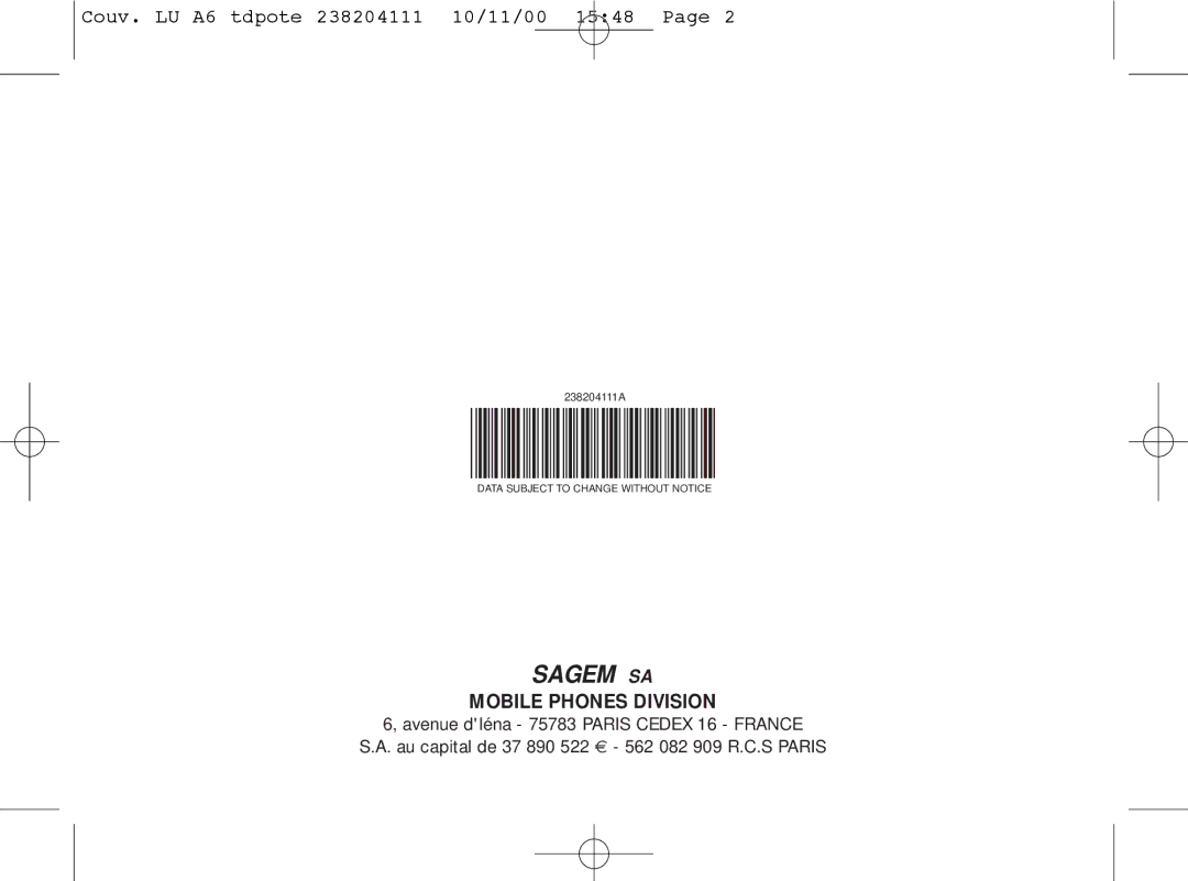 Sagem 920, 929, 926, 922, 912, 910, 916, 919 manual 238204111A, Couv. LU A6 tdpote 238204111 10/11/00 1548 