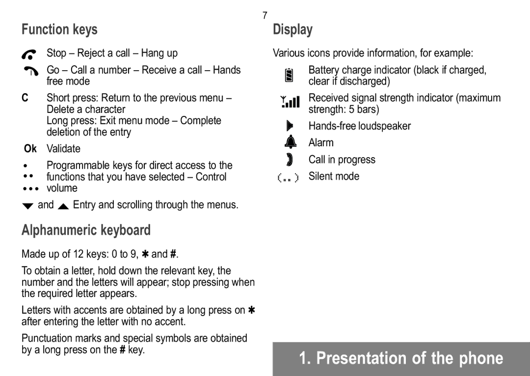 Sagem 929, 926, 920, 922, 912, 910, 916 Function keys, Display, Alphanumeric keyboard, Entry and scrolling through the menus 