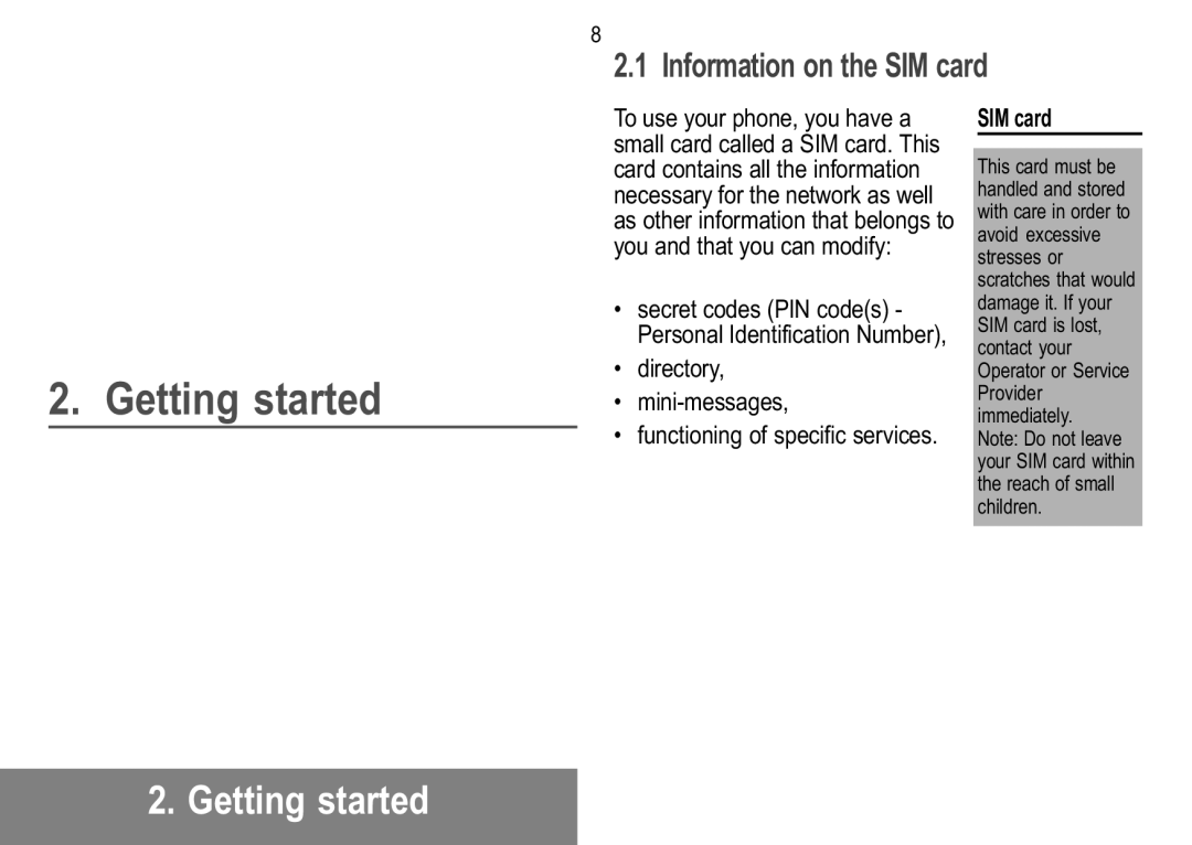 Sagem 926, 929, 920 Getting started, Information on the SIM card, Directory Mini-messages, Functioning of specific services 