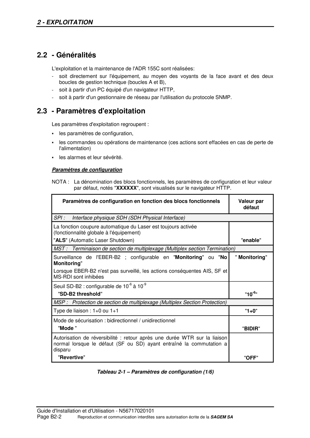 Sagem ADR 155C manual Paramètres dexploitation, Paramètres de configuration 