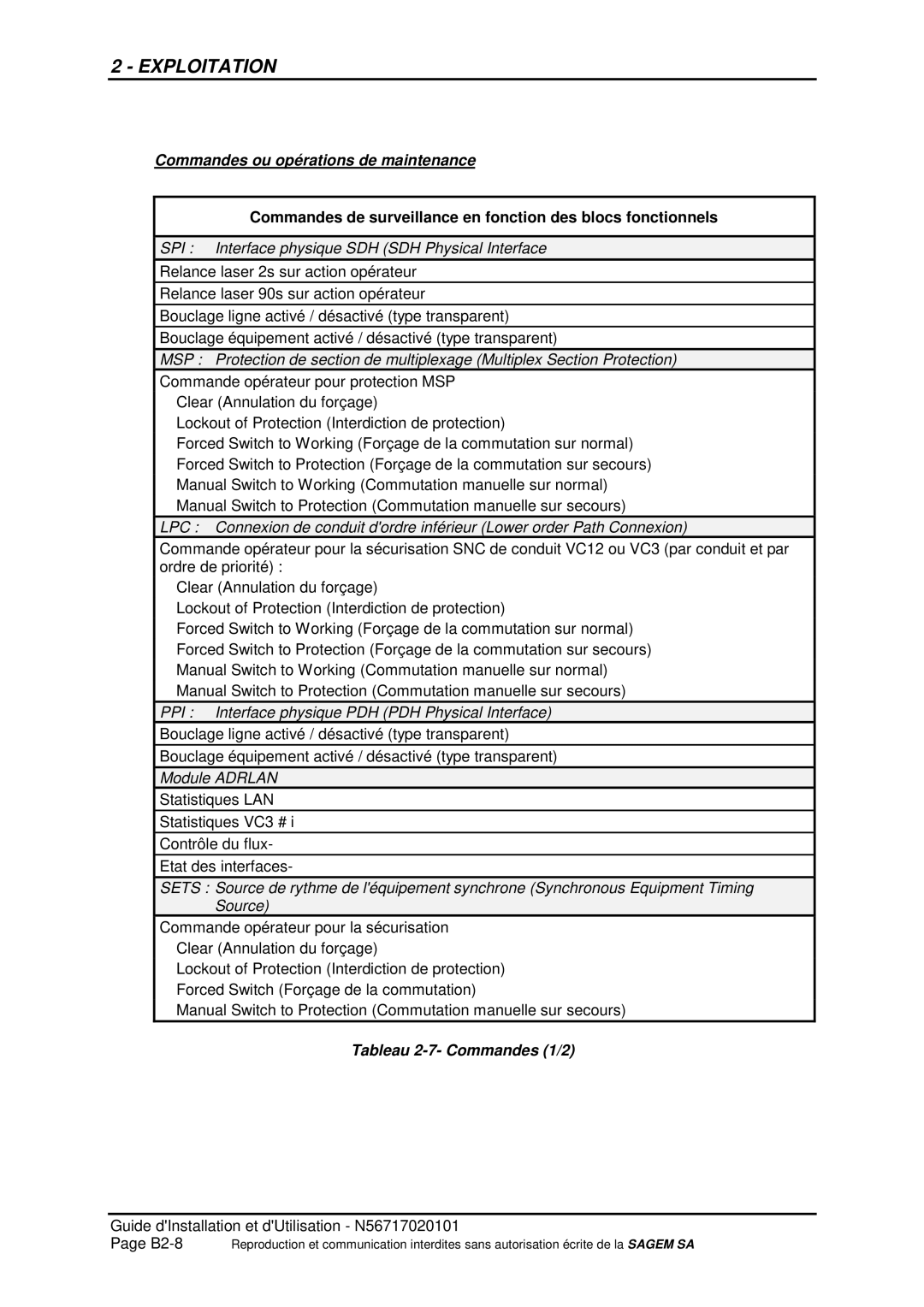 Sagem ADR 155C manual Commandes ou opérations de maintenance, Tableau 2-7- Commandes 1/2 