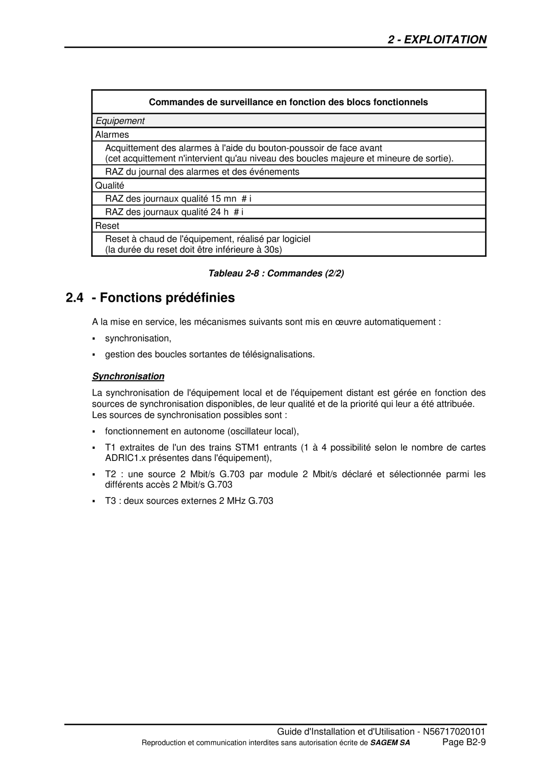 Sagem ADR 155C manual Fonctions prédéfinies, Tableau 2-8 Commandes 2/2, Synchronisation 