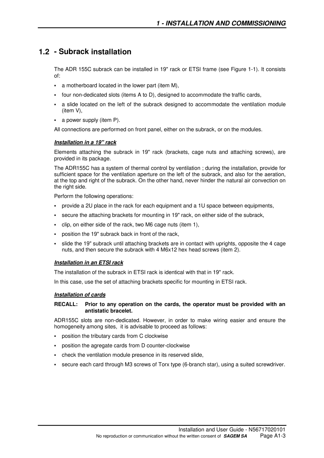 Sagem ADR 155C manual Subrack installation, Installation in a 19 rack, Installation in an Etsi rack, Installation of cards 