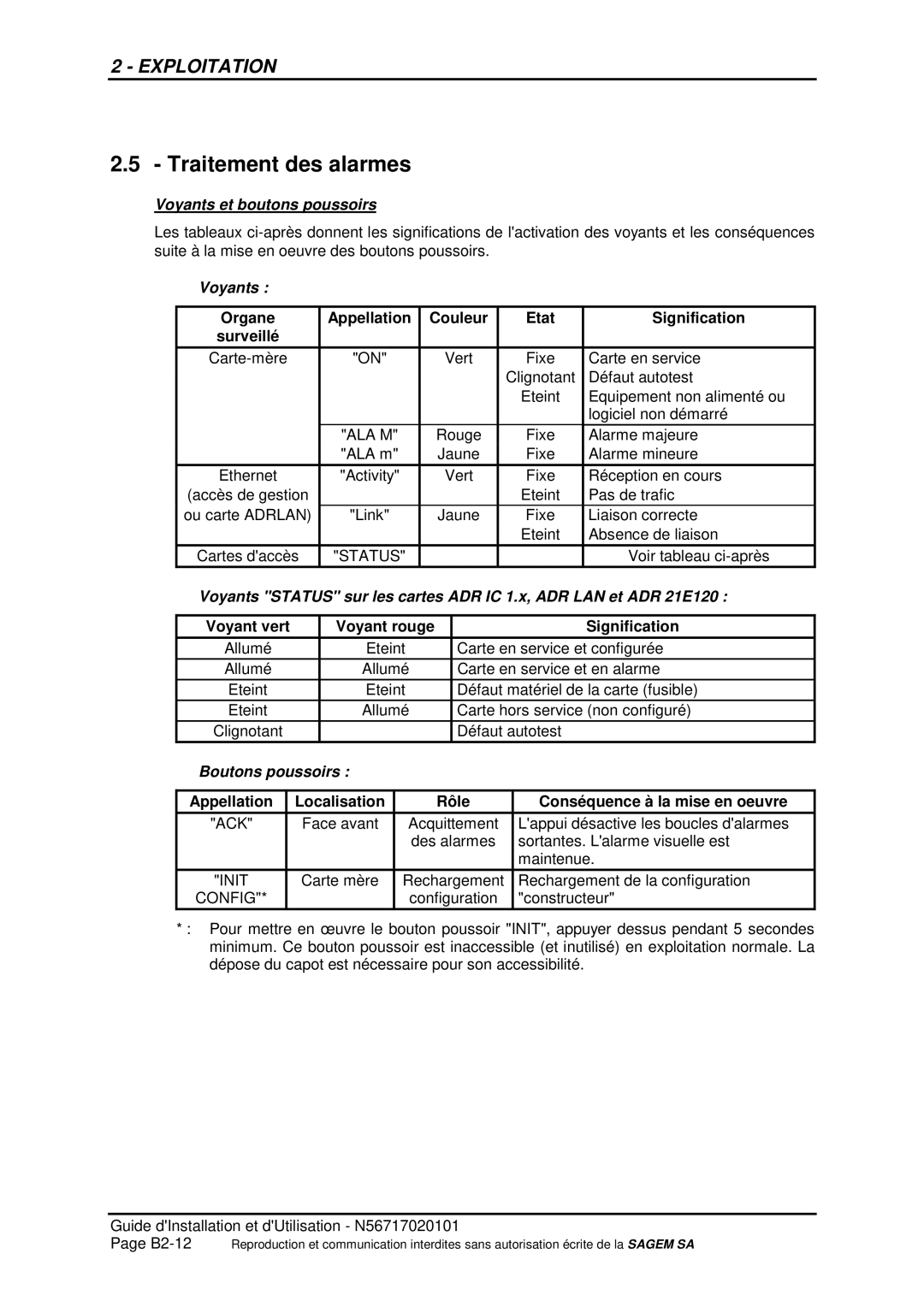 Sagem ADR 155C manual Traitement des alarmes, Voyants et boutons poussoirs, Boutons poussoirs 