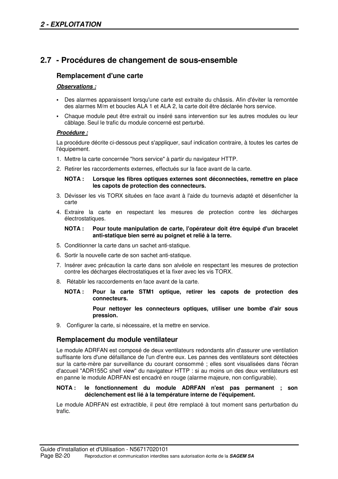 Sagem ADR 155C manual Procédures de changement de sous-ensemble, Observations 