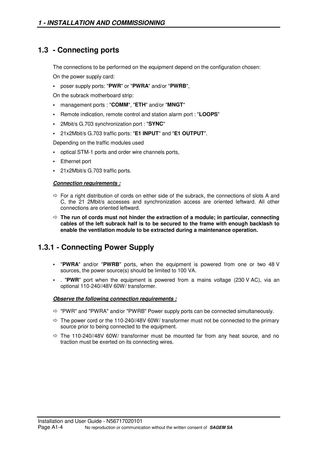 Sagem ADR 155C manual Connecting ports, Connecting Power Supply, Connection requirements 