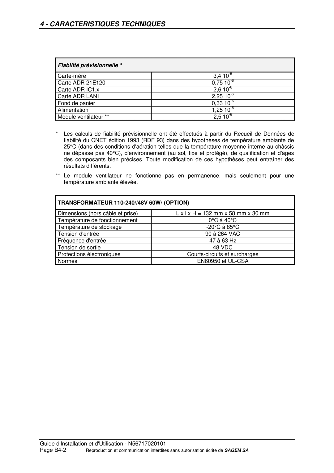 Sagem ADR 155C manual Fiabilité prévisionnelle, Transformateur 110-240//48V 60W/ Option 