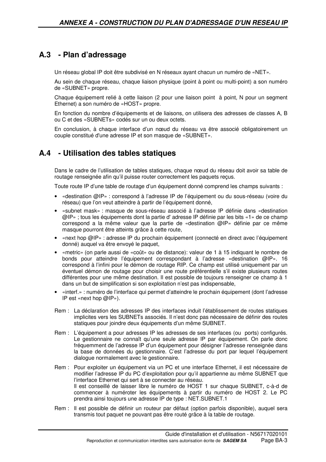 Sagem ADR 155C manual Plan d’adressage, Utilisation des tables statiques 