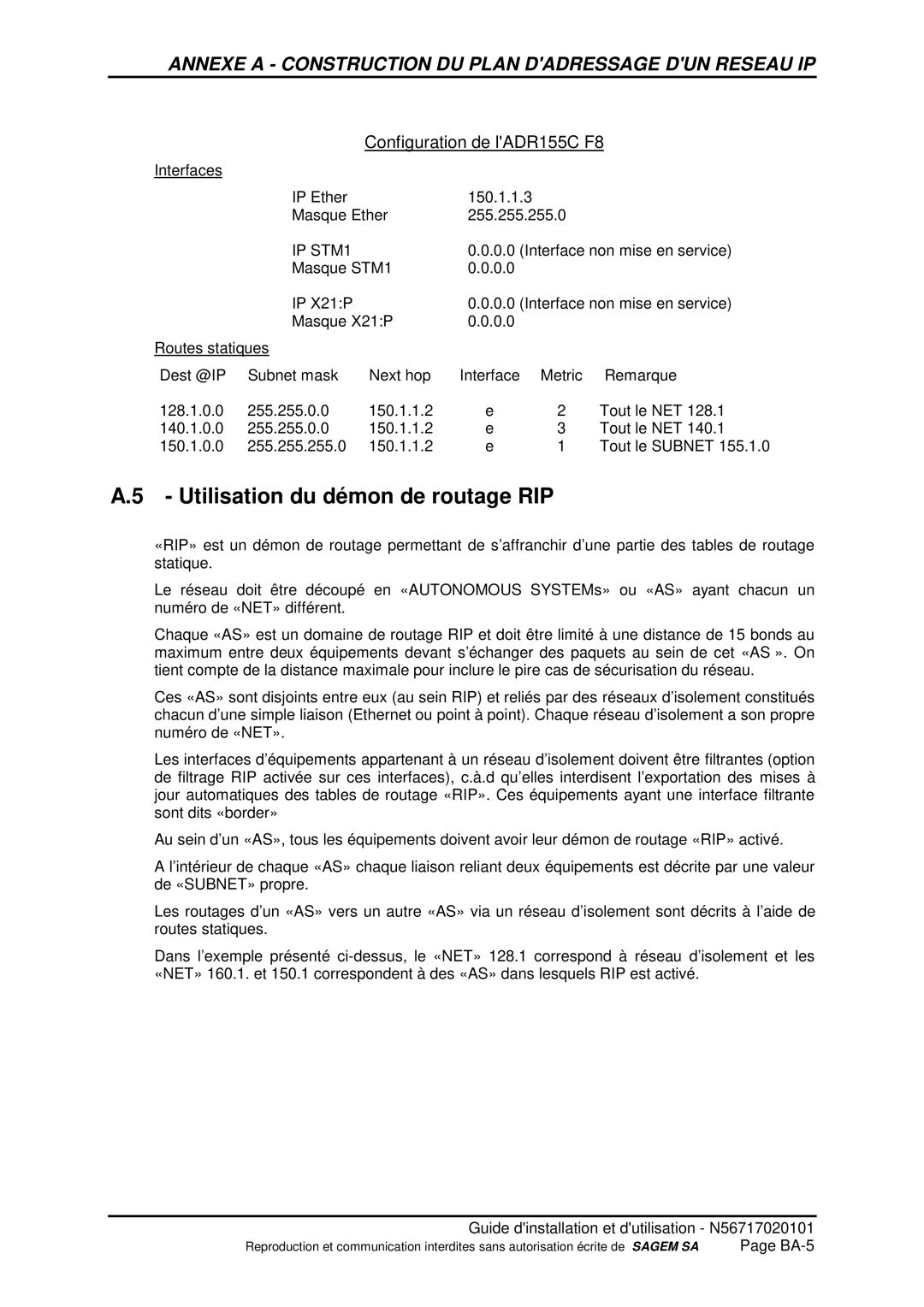 Sagem ADR 155C manual Utilisation du démon de routage RIP, Configuration de lADR155C F8 