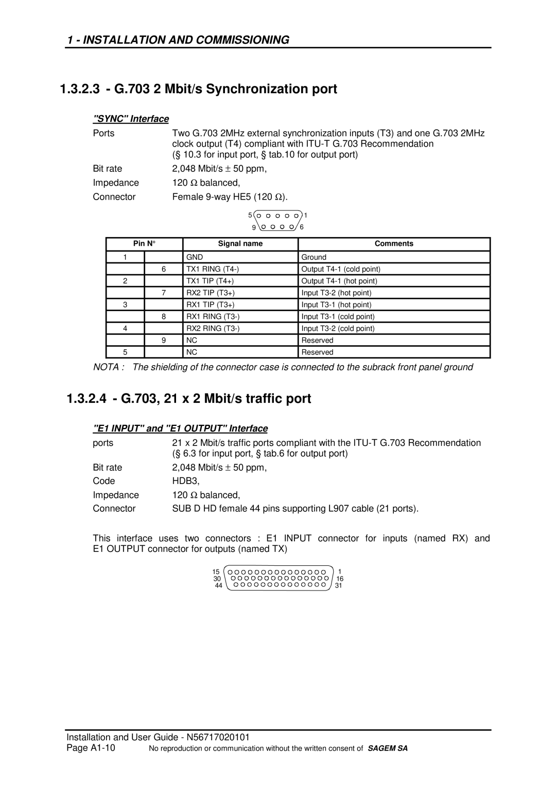 Sagem ADR 155C manual 2.3 G.703 2 Mbit/s Synchronization port, 2.4 G.703, 21 x 2 Mbit/s traffic port, Sync Interface 