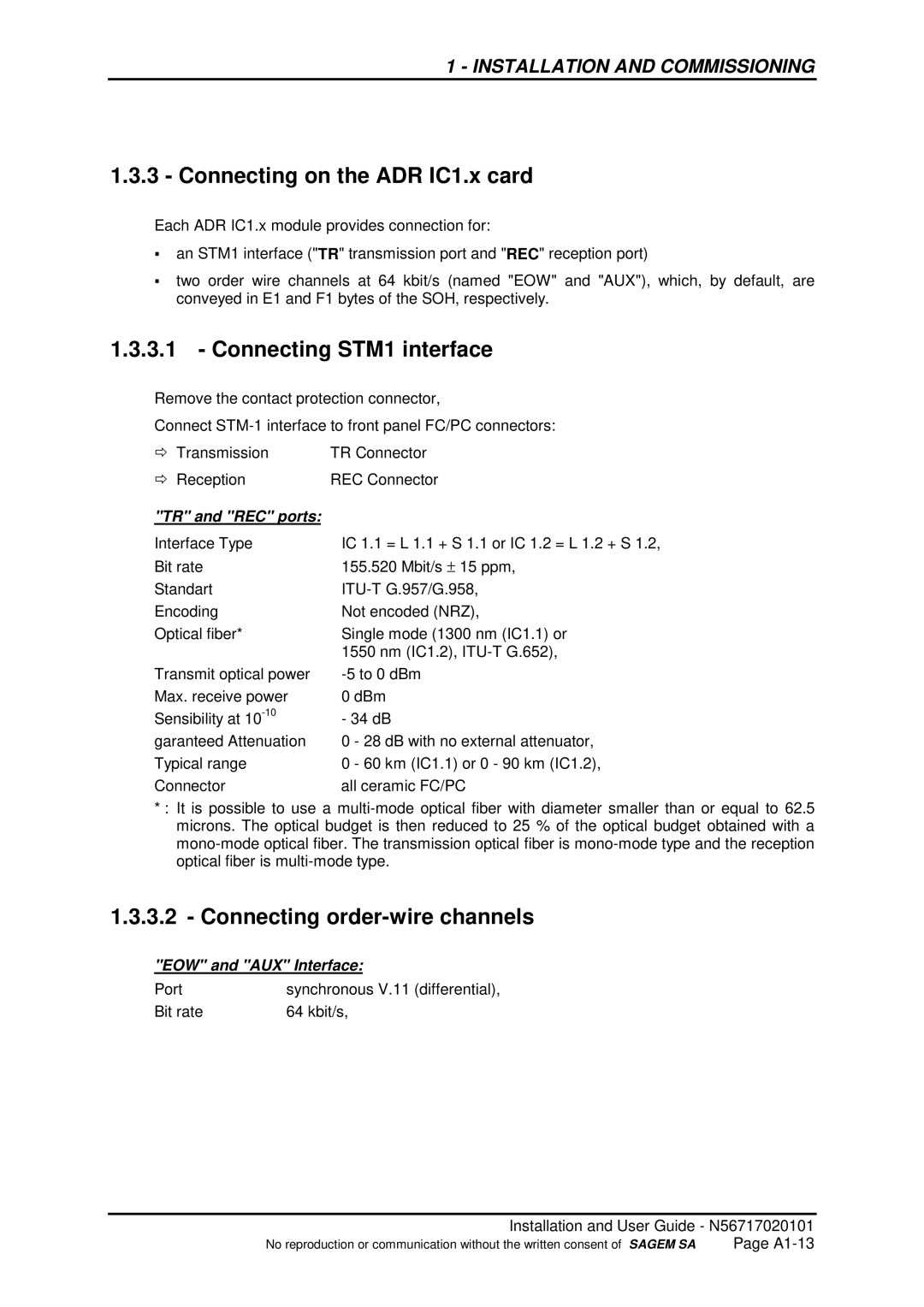 Sagem ADR 155C manual Connecting on the ADR IC1.x card, Connecting STM1 interface, Connecting order-wire channels 