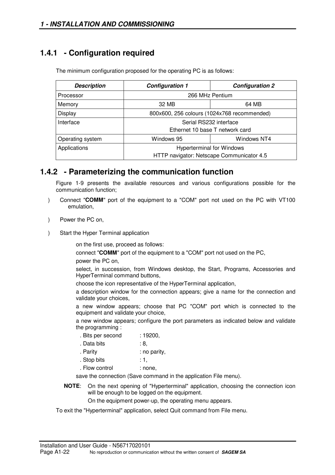 Sagem ADR 155C manual Configuration required, Parameterizing the communication function, Description Configuration 