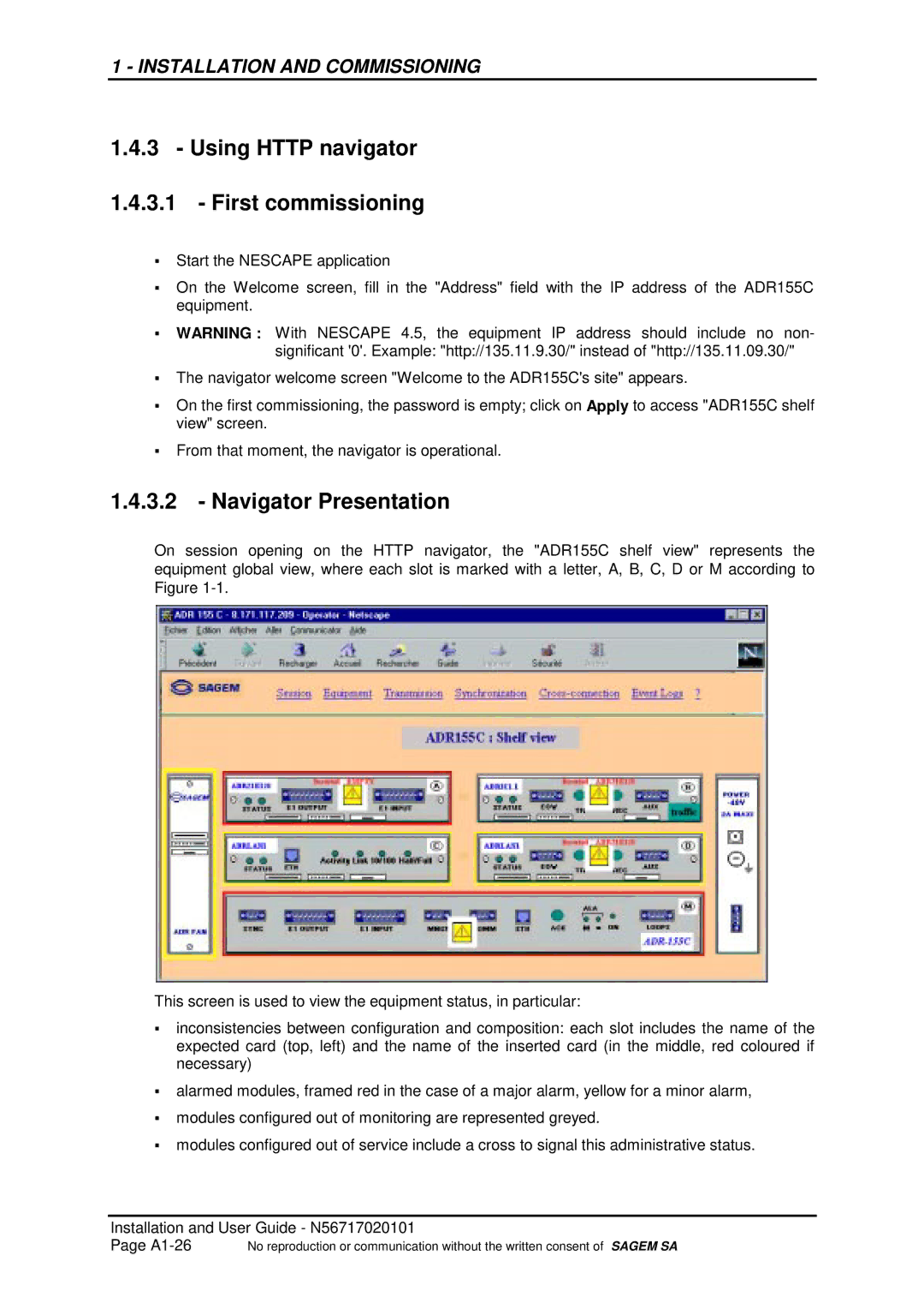 Sagem ADR 155C manual Using Http navigator First commissioning, Navigator Presentation 