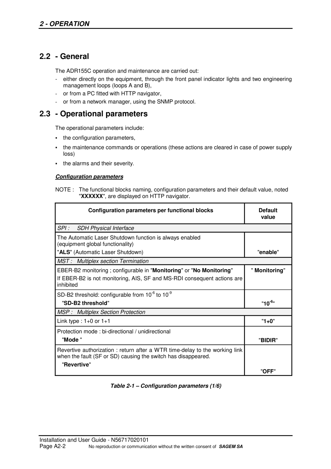 Sagem ADR 155C manual Operational parameters, Monitoring, SD-B2 threshold, Mode, Revertive OFF Configuration parameters 1/6 