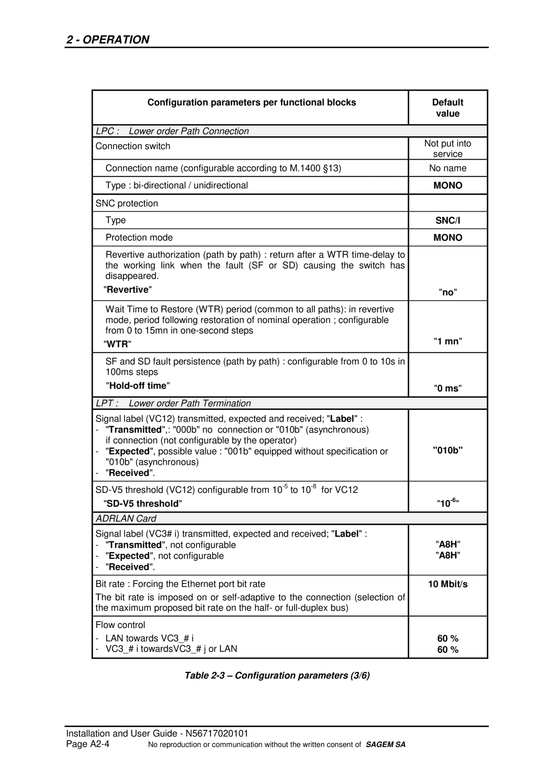 Sagem ADR 155C manual Revertive, 010b, SD-V5 threshold, A8H, Mbit/s, 60 %, Configuration parameters 3/6 