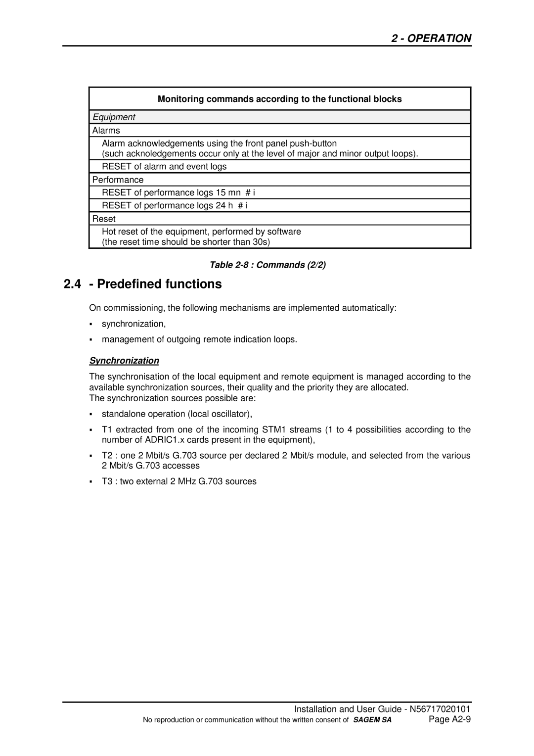 Sagem ADR 155C manual Predefined functions, Commands 2/2, Synchronization 