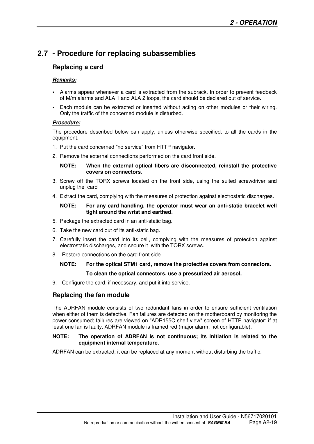 Sagem ADR 155C manual Procedure for replacing subassemblies, Remarks 