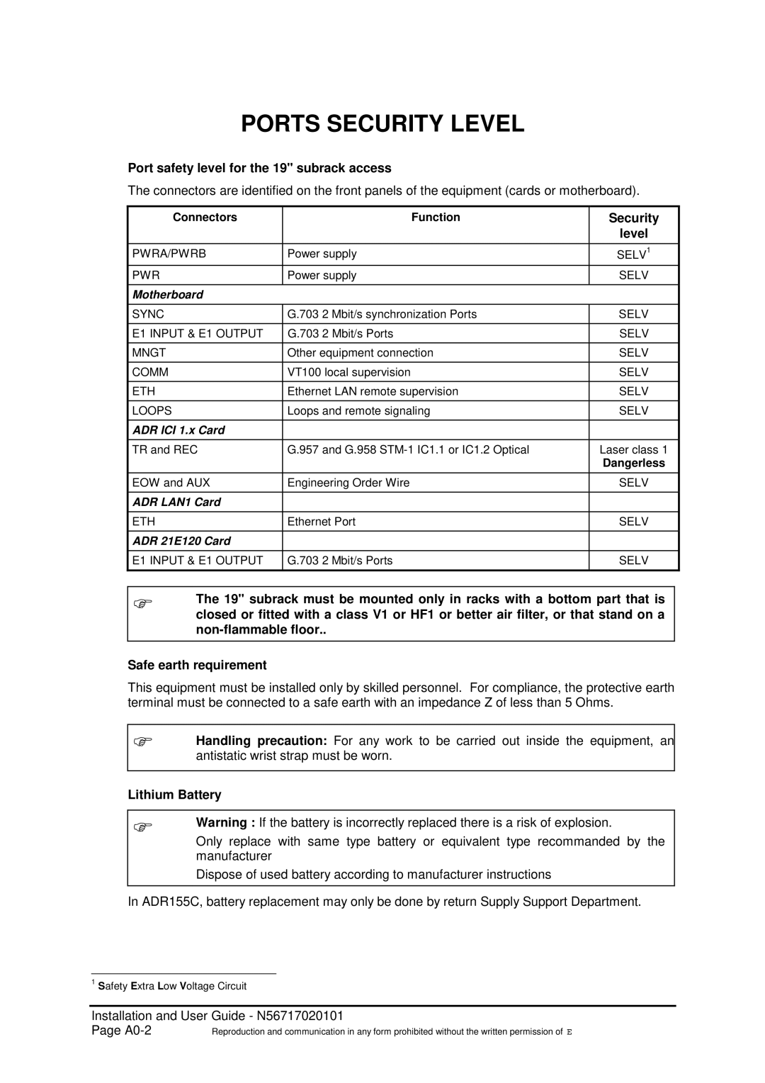 Sagem ADR 155C manual Port safety level for the 19 subrack access, Security, Lithium Battery 