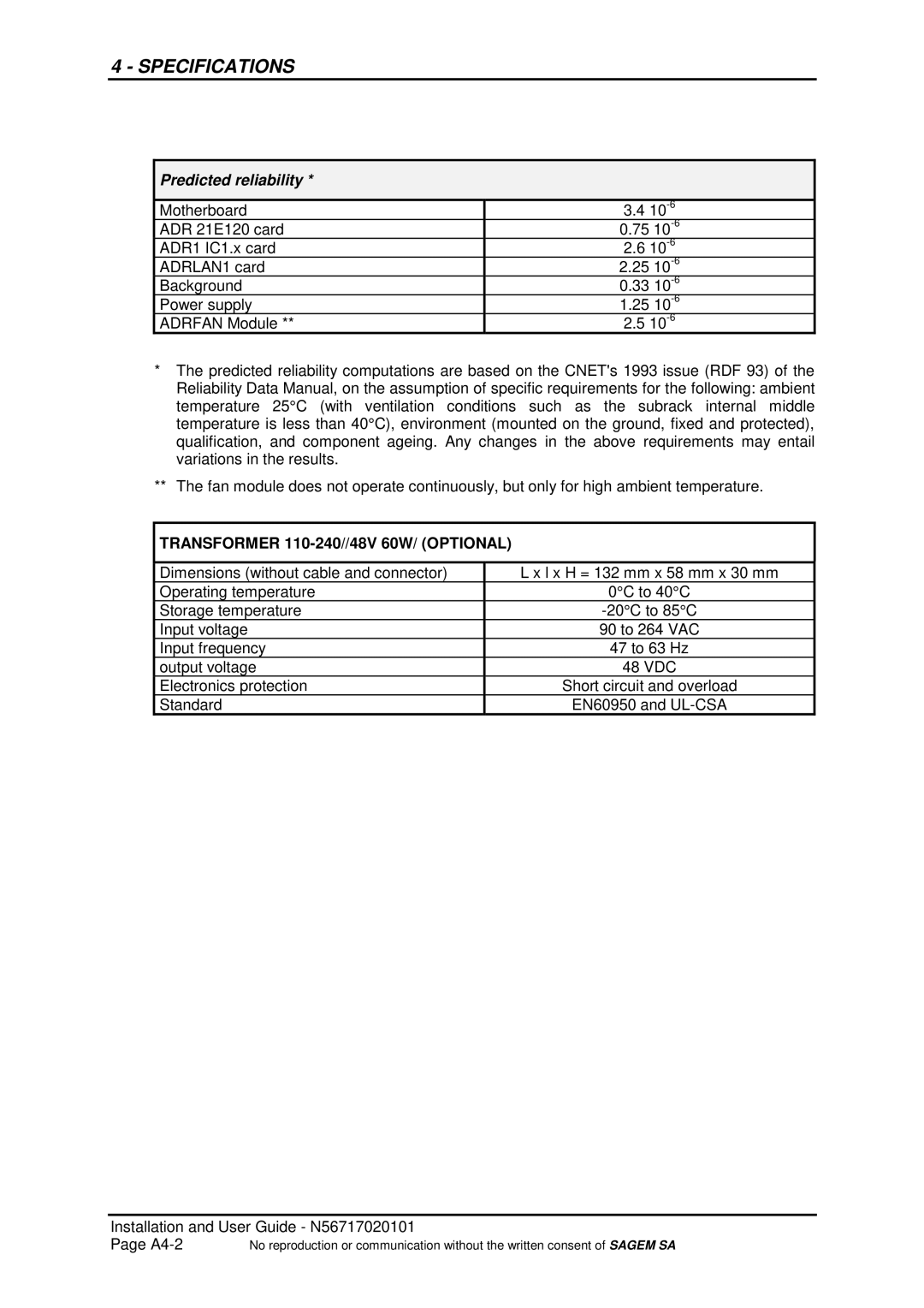 Sagem ADR 155C manual Predicted reliability, Transformer 110-240//48V 60W/ Optional 