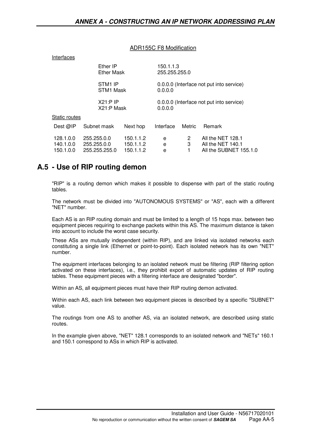 Sagem ADR 155C manual Use of RIP routing demon, ADR155C F8 Modification 