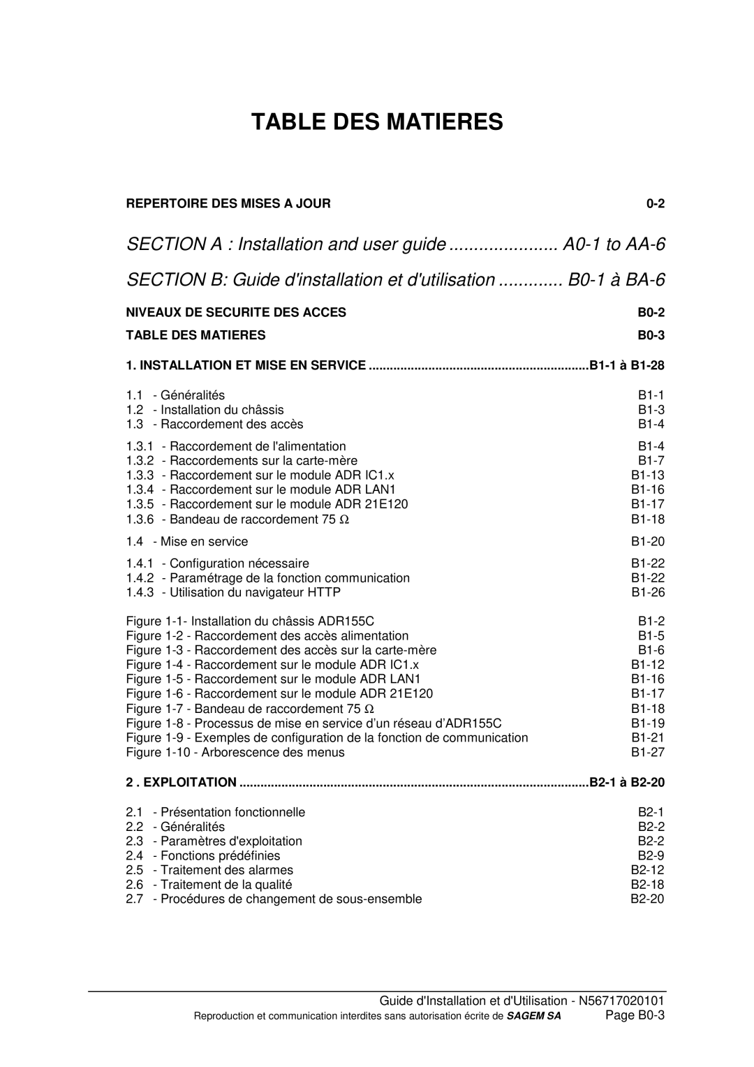 Sagem ADR 155C manual B0-2, B0-3, B1-1 à B1-28, B2-1 à B2-2 