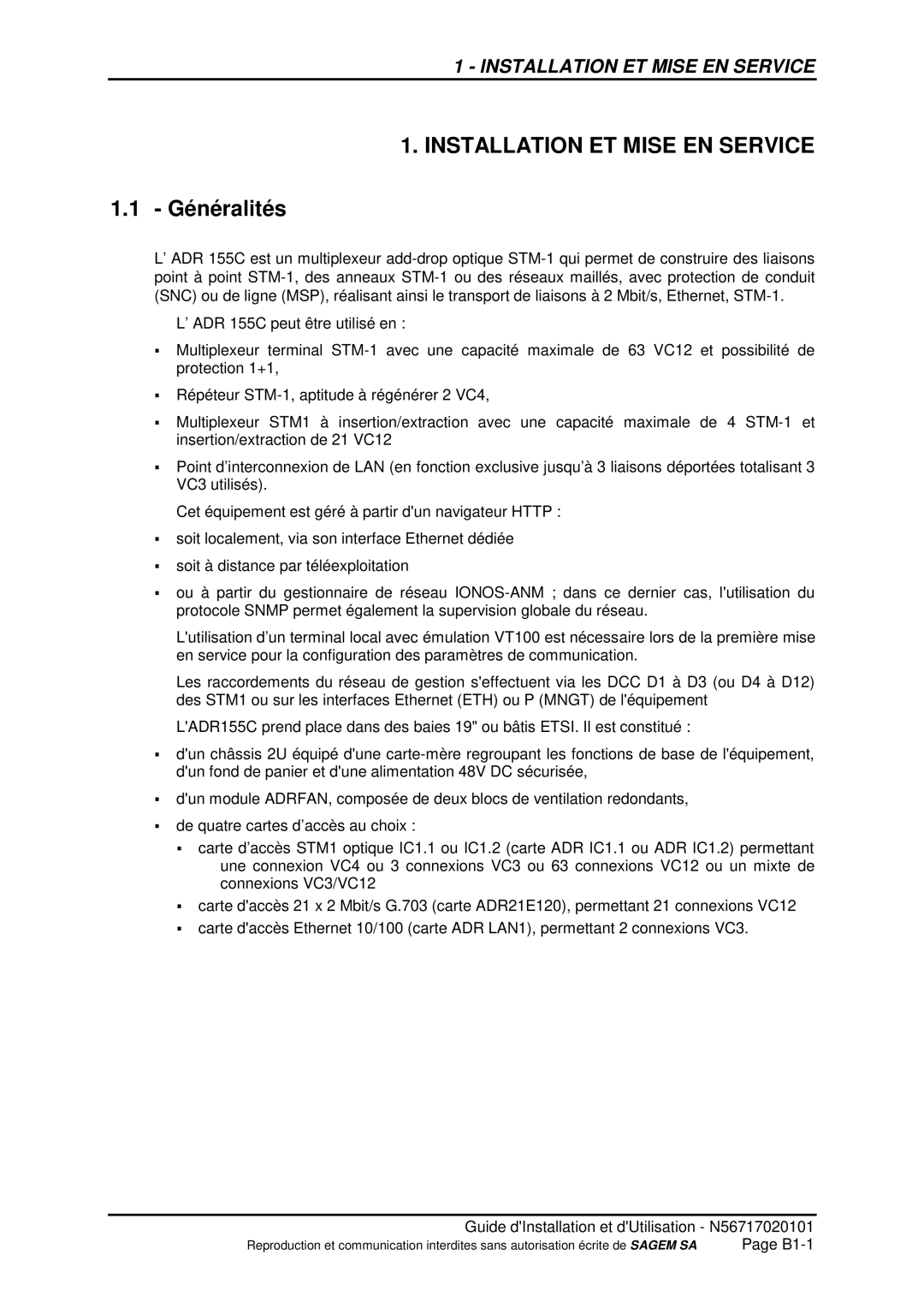 Sagem ADR 155C manual Installation ET Mise EN Service, Généralités 