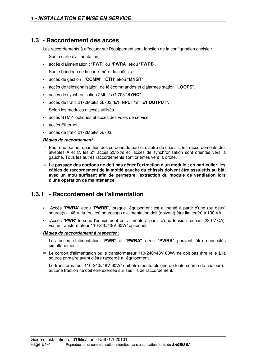 Sagem ADR 155C manual Raccordement des accès, Raccordement de lalimentation, Règles de raccordement 