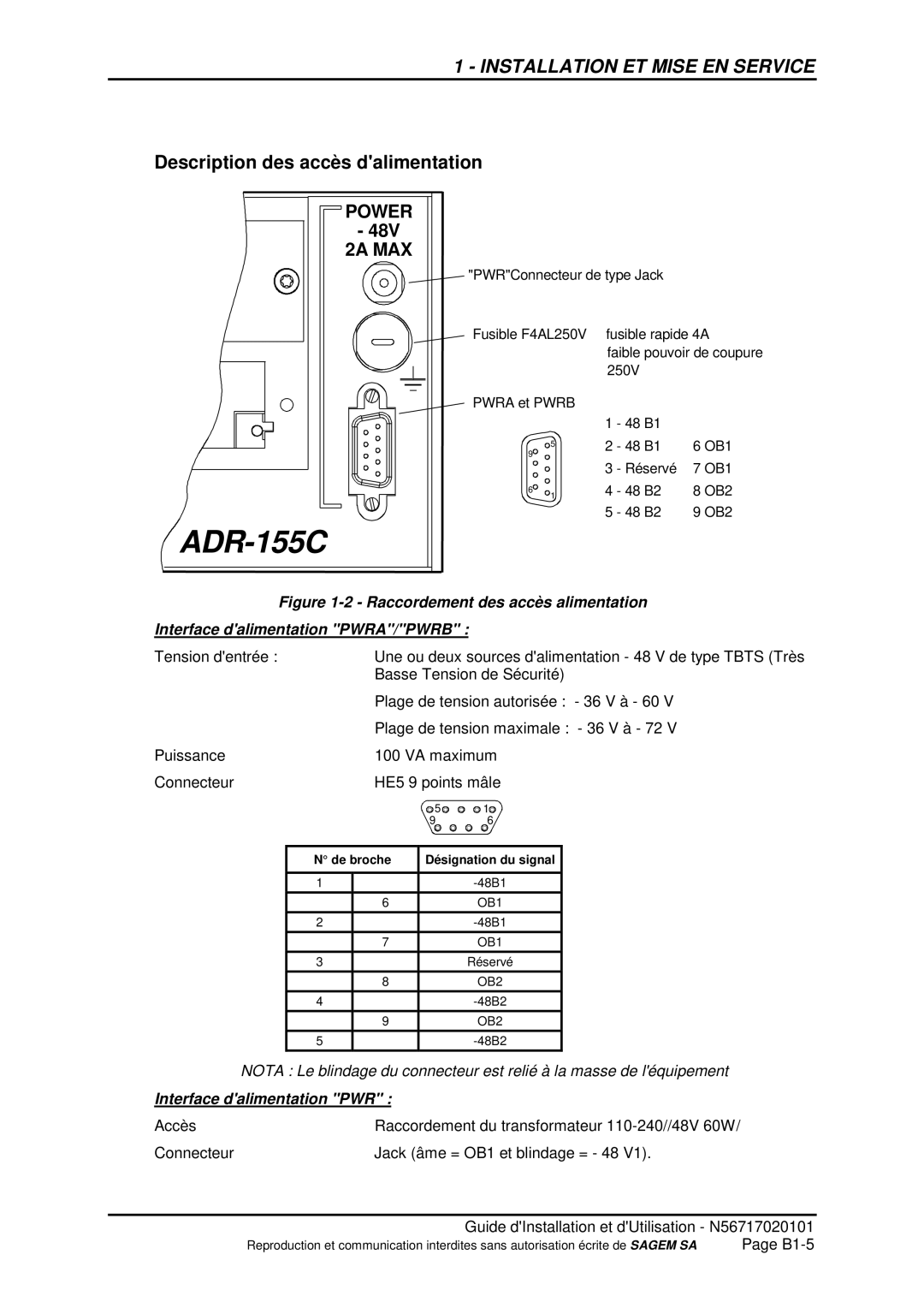 Sagem ADR 155C manual Interface dalimentation PWR 