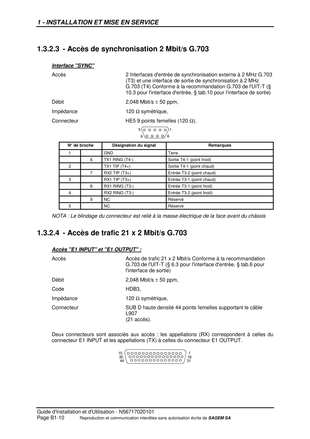 Sagem ADR 155C manual Accès de synchronisation 2 Mbit/s G.703, Accès de trafic 21 x 2 Mbit/s G.703, Interface Sync 