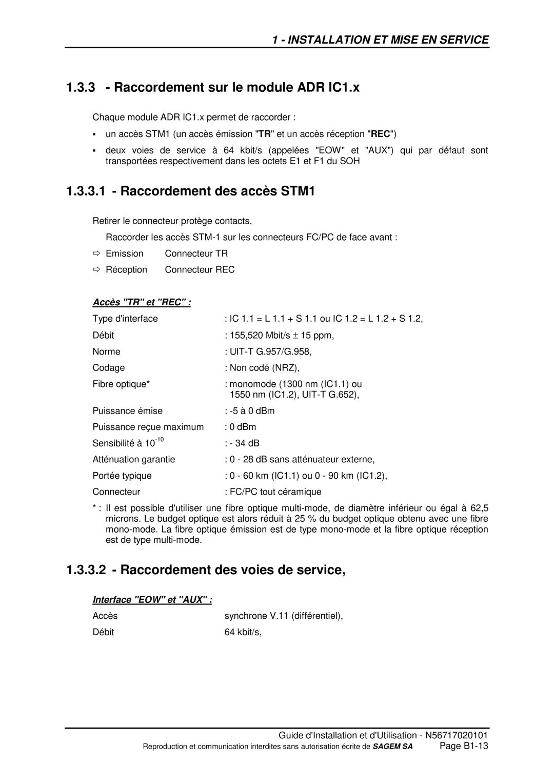 Sagem ADR 155C manual Raccordement sur le module ADR IC1.x, Raccordement des accès STM1, Raccordement des voies de service 